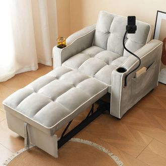 Merax Velvet Convertible Sleeper Chair with Phone Holder & 2 Cup Holders in Grey