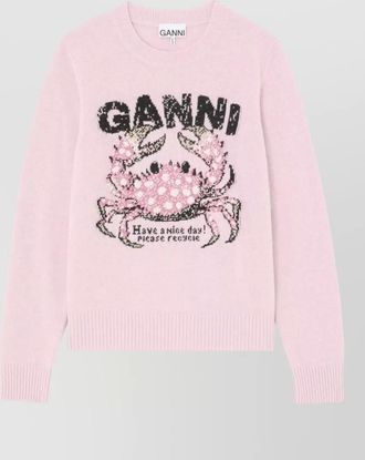 Ganni wool blend intarsia knit ribbed crewneck sweater