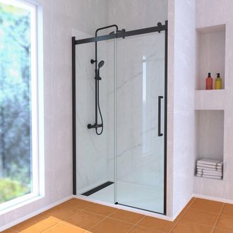 Aurlane Mampara Corredera industrial 120x200 Perfil Negro Y Plato Ducha Blanco + Columna Ducha Termost&aacute;tica
