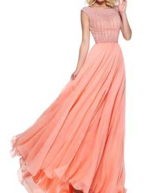 Sherri Hill Chiffon Cap Sleeves Prom Dress In Peach