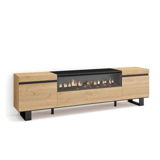 Skraut Home Mueble tv efecto madera roble y negro 200x35x57 chimenea efecto fuego