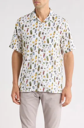 Tommy Bahama Coastal Ease Shake & Sip Cocktail Print IslandZone Camp Shirt in Light Sanddollar at Nordstrom, Size Xxx-Large