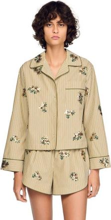 Sandro Striped shirt, floral embroidery in Olive Green at Nordstrom, Size X-Large