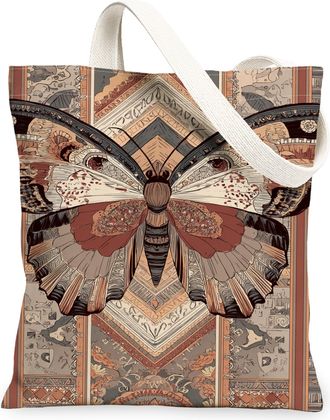 Generic Vintage Butterfly Canvas Tote Bags, Artistic Pattern Lightweight Washable Reusable Grocery Bags for Travel Beach Picnic, Brown, 13x15 Inch