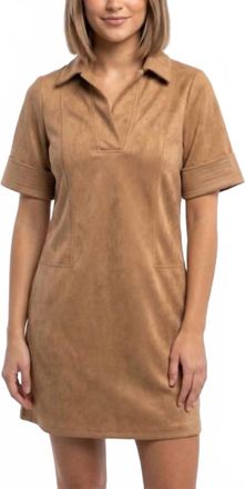 THML Clothing Short Sleeve Mini Shirt Dress In Camel Suede