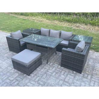 Fimous Fimous 6 Seater Rattan Garden Furniture Set Patio Outdoor Rectangular Dining Table Lounge Sofa Chair with 2 Side Table Stool Dark Grey Mixed