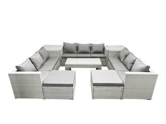 Fimous Rattan Garden Outdoor Furniture Set 11 Seater Garden Sofa Oblong Coffee Table Set with 2 Big Footstools 2 Side Tables Light Grey Mixed