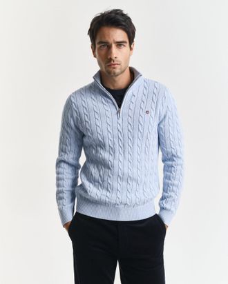 GANT Men Cotton Cable Knit Half-Zip Sweater (XXXL) ICE BLUE MELANGE