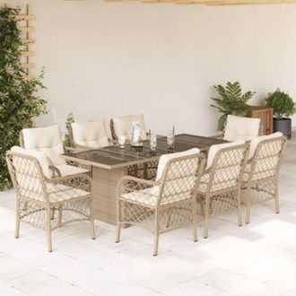 vidaXL Set Comedor De Jard&iacute;n 9 Pzas Con Cojines Rat&aacute;n Sint&eacute;tico Beige Vidaxl
