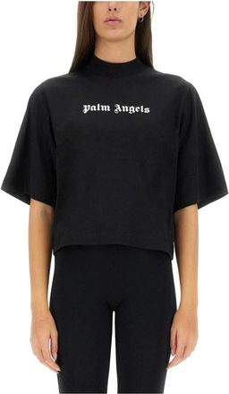Palm Angels Classic Logo Cropped T-Shirt - Dames - T-shirts - Zwart - S - Katoen - Tops