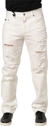 Dolce & Gabbana Cotton Distressed Straight Denim Jeans - Heren - Regular Fit Jeans - Wit - M - Denim - Jeans