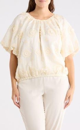 JANE + MERCER Floral Embroidered Puff Short Sleeve Blouse in Ecru at Nordstrom Rack, Size 1 X