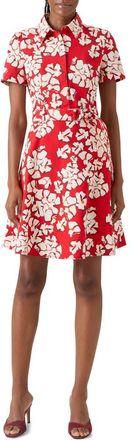 Akris Papercut Flower Belted Stretch Denim Shirtdress in Red-Cream at Nordstrom, Size 10