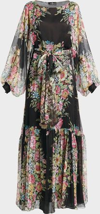 Etro Bouquet Floral-Print Balloon-Sleeve Tiered Silk Dress