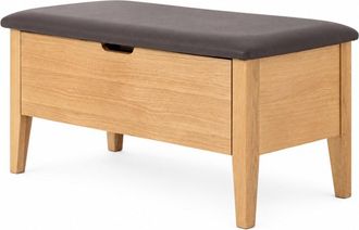Woodek Banco de roble macizo 90 cm, asiento de cuero marr&oacute;n