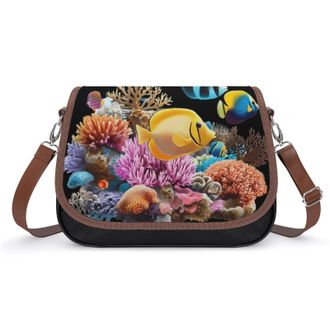 Generic Colorful Tropical Fishes Crossbody Bag Womens Handbag PU Message Bags Shoulder Purse with Adjustable Strap