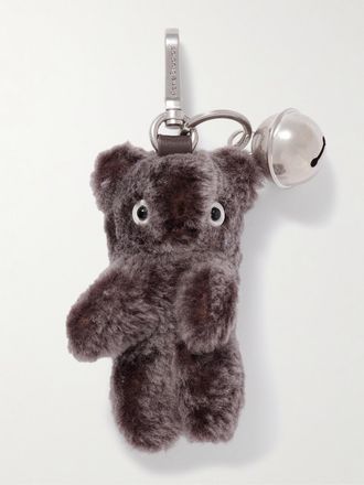 Acne Studios Portachiavi In Metallo Argentato E Shearling Con Finiture In Pelle - Marrone