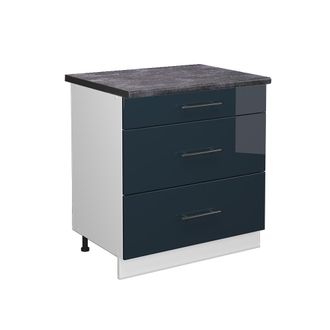 Vicco Mueble Bajo De Cocina Fame-line, Azul Oscuro Alto Brillo, 80 Cm Con 3 Cajones, Et Antracita