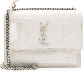 Saint Laurent White Croc-Embossed Leather Croc Embossed Leather Monogram Sunset Medium Shoulder Bag (Authentic Pre-Loved)