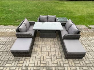 Fimous Rattan Garden Outdoor Furniture 3 PC Love Sofa Set Patio Adjustable Rising lifting Dining Table With Side Table 2 Big Footstool in Dark Grey