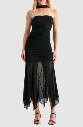 All in Favor Ruched Drop Waist Midi Dress with Scarf in Black at Nordstrom, Size X-Small