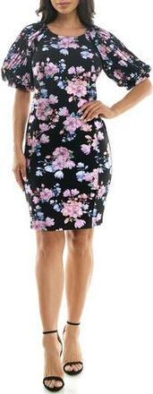 Nina Leonard Floral Puff Sleeve Dress in Black/Pink Multi at Nordstrom Rack, Size X-Large
