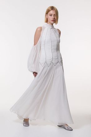 Karen Millen Womens High Neck Embellished Ruched Georgette Woven Maxi Dress - White - Size 12 UK