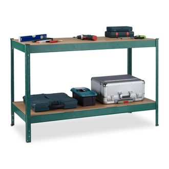 Relaxdays Relaxdays - Mesa De Trabajo, 600 Kg, Banco Taller, 91 X 141 X 61 Cm, 2 Niveles Regulables, Estante De Acero Y Mdf, Verde