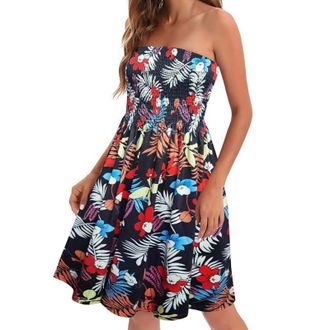 Generic Women Bandeau Dresses Retro Floral Printed Sleeveless Summer Dresses for Women Elasticated Bust Pleated Party Dress Ladies Sexy Strapless Sundress Boo