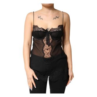 Dolce & Gabbana Sleeveless Tops, female, Black, Size: S Silk Floral Lace Chemise