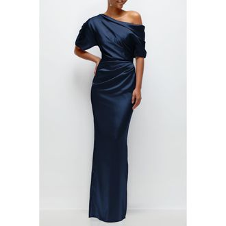 After Six Ruched One-Shoulder Satin Gown in Midnight at Nordstrom, Size Xx-Large