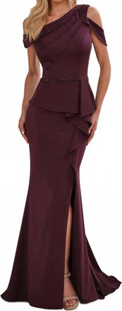 Montage by Mon Cheri Off Shoulder Asymmetric Gown In Eggplant