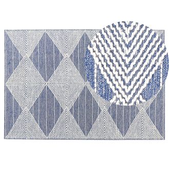 Beliani Alfombra De Lana Beige Claro Azul 140 X 200 Cm Hecho A Mano Geom&eacute;trico Datca