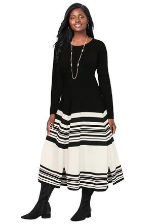 Jessica London Fit And Flare Sweater Dress in Black Ivory at Nordstrom, Size 20