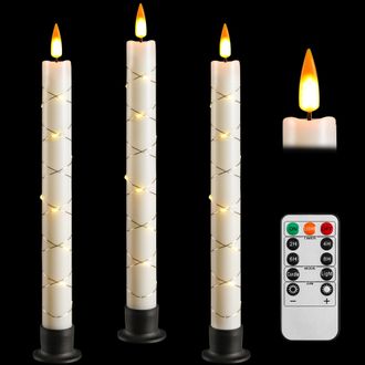 OEM Vela Led Con Mando A Distancia Y Temporizador, Vela A Pilas Con Luces De Cadena, Mecha Din&aacute;mica 3d, Juego De 3, Color Marfil, Con 3 Bases Negras, Para