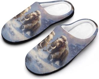 Generic Two Woolly Mammoths Fighting Funny Mens Cotton Slippers Soft Non-Slip Rubber Sole House Slipper Indoor Outdoor