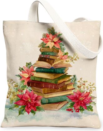 Generic Christmas Floral Canvas Tote Bags, Vintage Book Stack Design, Reusable Grocery Bags for Holiday, Lightweight Washable Shoul, Beige, 13x15 Inch