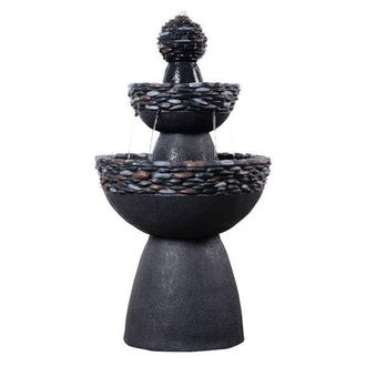Teamson Home Garden Outdoor Water Feature, 3-Tier Pedestal Water Fountain, With LED Lights, Dark Grey Stone Finish