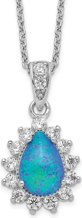 Diamond2Deal Sterling Silver Cabochon Lab Created Blue Opal and Cubic Zirconia Pear Necklace