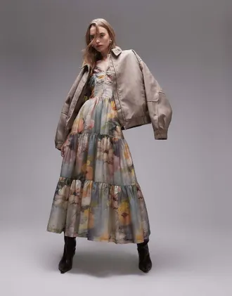 & Other Stories linen blend midi dress in floral print-Multi