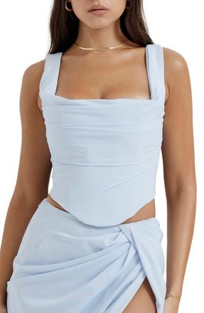 House of CB Una Floral Cowl Neck Lace-Up Corset Top in Soft Blue Lighter at Nordstrom, Size Medium A