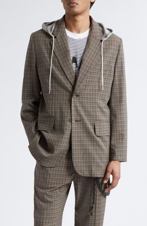 Song for the Mute Square Glen Plaid Single Breasted Blazer with Drawstring Hood in Brown at Nordstrom, Size 38 Us