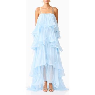 Elliatt Zadie Tiered Appliqu&eacute; Chiffon Gown in Blue at Nordstrom, Size Xx-Large