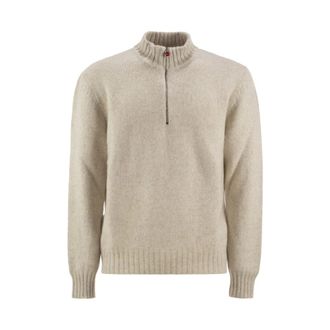 Kiton Kasjmier trui met halve rits en hoge kraag - Heren - Truien - Beige - Maat: L Kasjmier