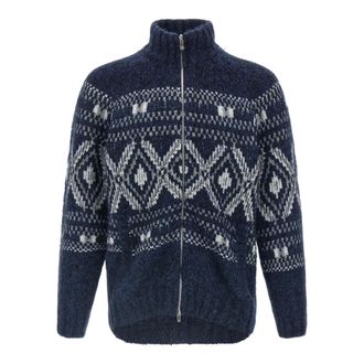 Brunello Cucinelli Cardigans, male, Blue, M, Geometric Jacquard Cardigan With Zipper