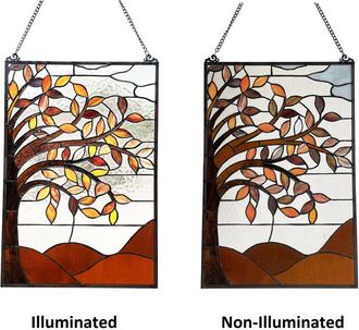 Chloe Lighting AUTUMNAL Floral-Style Black Finish Stained Glass Window Panel 24 Tall