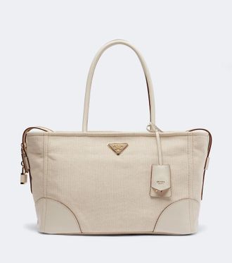 Prada Large leather-trimmed canvas tote bag