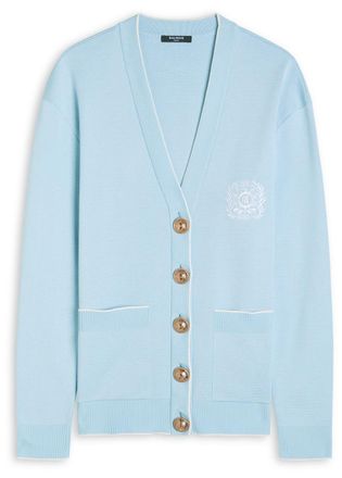 Balmain Emblem-embroidered Fine-knit Cardigan - Blue And White - 44 (UK16 / XL)