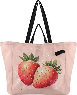 Generic Pink Strawberry Fruits pattern Reusable Canvas Tote Bag, Heavy Duty Grocery Shopping Bag with Double Handles Large Capacity Hard Bottom Work Groceries