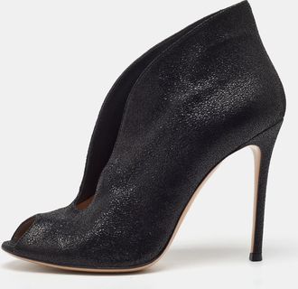 Gianvito Rossi Black Metallic Embossed Suede Vamp Peep Toe Booties